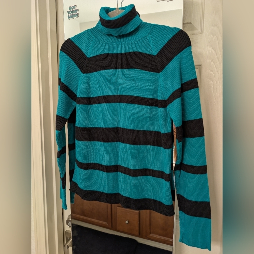 Vintage Marsh Landing Teal and Black Striped Turtleneck Sweater Size Medium